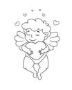 Cute dreaming Cupid with heart is flaing. Vector illustration for Valentine`s day. Black and white illustration for coloring book